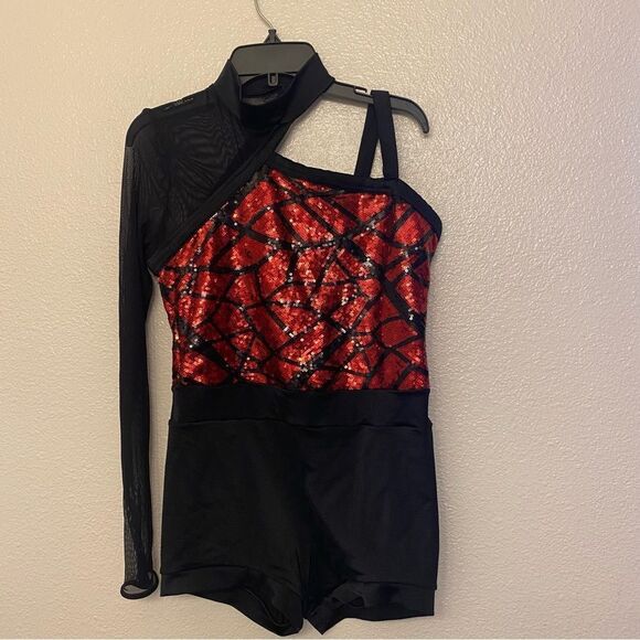 WEISSMAN Dance costume red sequin one sleeve Electricity 12208 XLC child - Picture 2 of 12